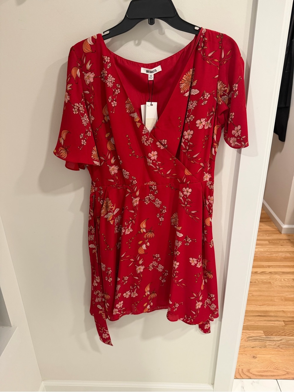 BB Dakota Red Floral Wrap Dress with Flutter Sleeves